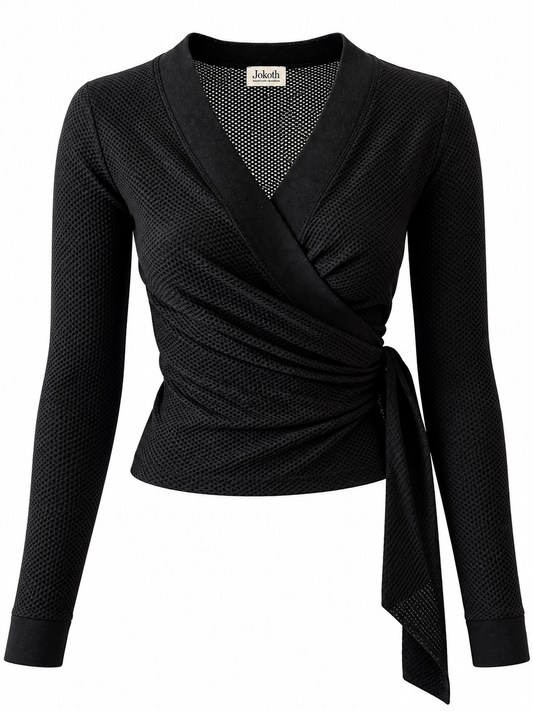 A+ The Elegant Textured Black Overlap Top  by Maison Jokoth -  Blouse